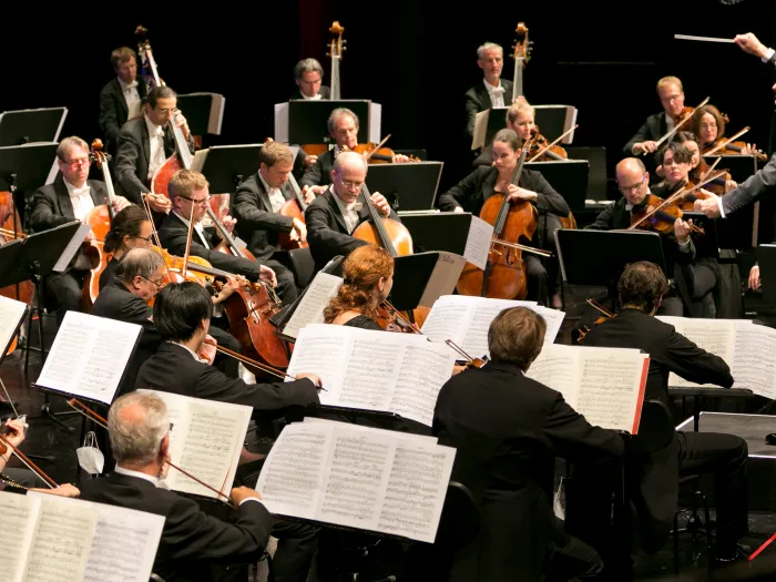 Szene aus "Wiener Symphoniker", 2020 im Festspielhaus, Orchester mit Dirigent im Vordergrund