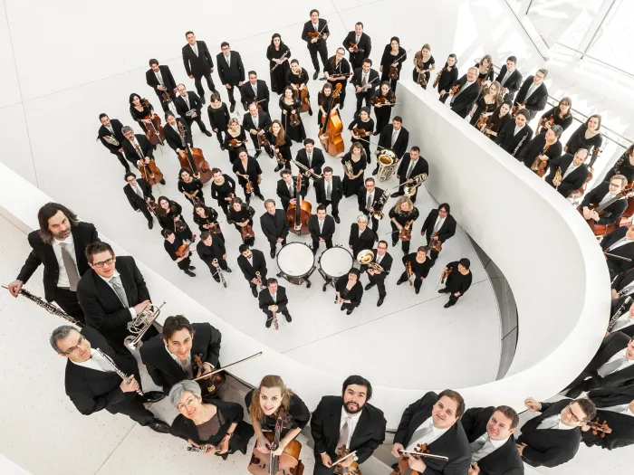 Symphonieorchester Vorarlberg, Musiker:innen in formeller Kleidung, Aufnahme aus Vogelperspektive in einem weißen Treppenhaus