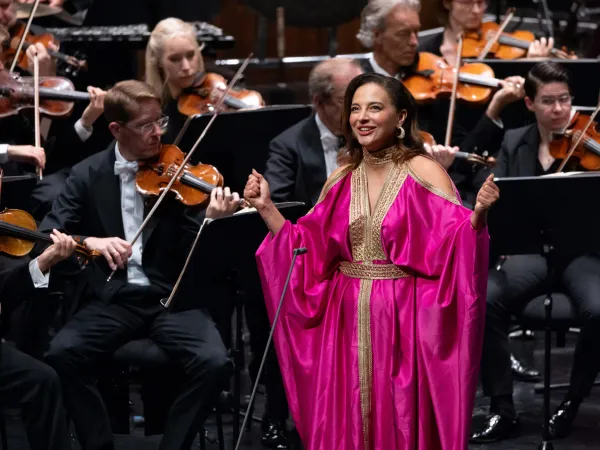 Eine Sängerin in einem pinken, bodenlangen Kleid mit goldenen Akzenten steht im Vordergrund. Im Hintergrund spielen mehrere Orchestermusiker Violine und andere Instrumente.