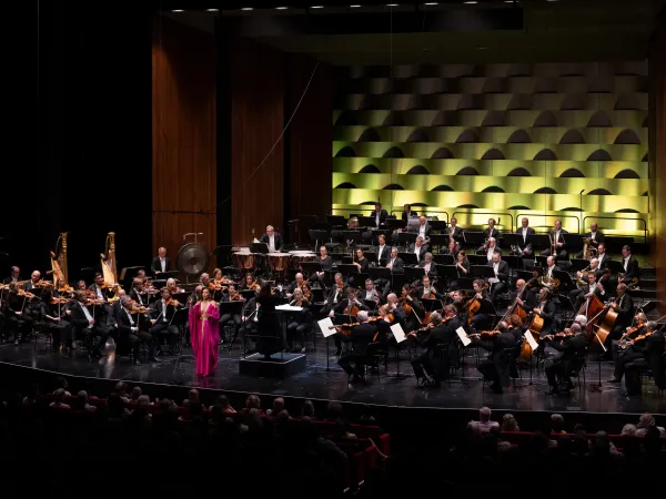 Ein Orchester mit etwa 50 Musikern auf der Bühne, eine Sängerin in pinkem Kleid steht vor dem Dirigenten. Im Hintergrund sind grüne, wellenförmige Paneele.