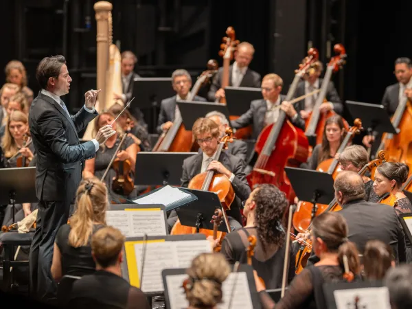 Dirigent in schwarzem Anzug mit Taktstock in der Hand. Vor ihm ein Teil des Orchesters mit Cellos und Kontrabässen.