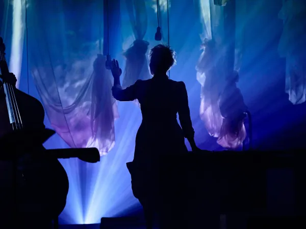 Silhouette einer Person in einem Kleid, die mit einer Hand eine Wand berührt. Im Hintergrund sind durchscheinende Stoffe und Lichtstrahlen sichtbar.