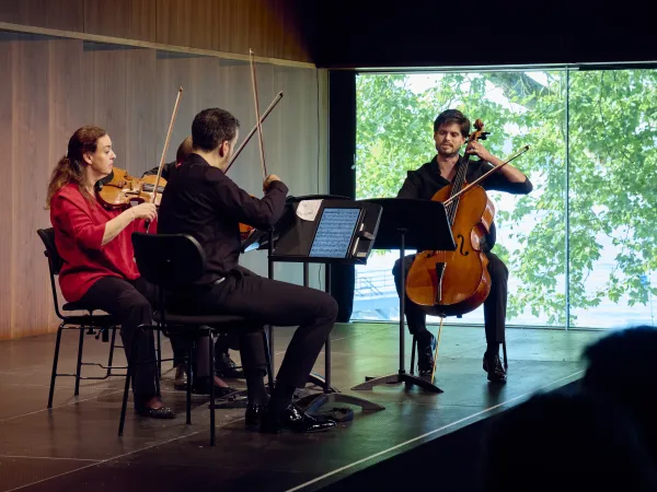 Ein Streichquartett spielt auf einer Bühne. Zwei Geigerinnen und ein Bratschist sitzen auf Stühlen, während ein Cellist steht. Die Musiker tragen schwarze und rote Kleidung. Im Hintergrund sind Bäume sichtbar.