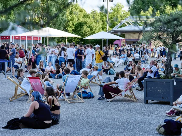 Eine große Gruppe junger Menschen sitzt und steht auf einem Platz mit Liegestühlen. Im Hintergrund sind Sonnenschirme und eine Menschenmenge zu sehen.