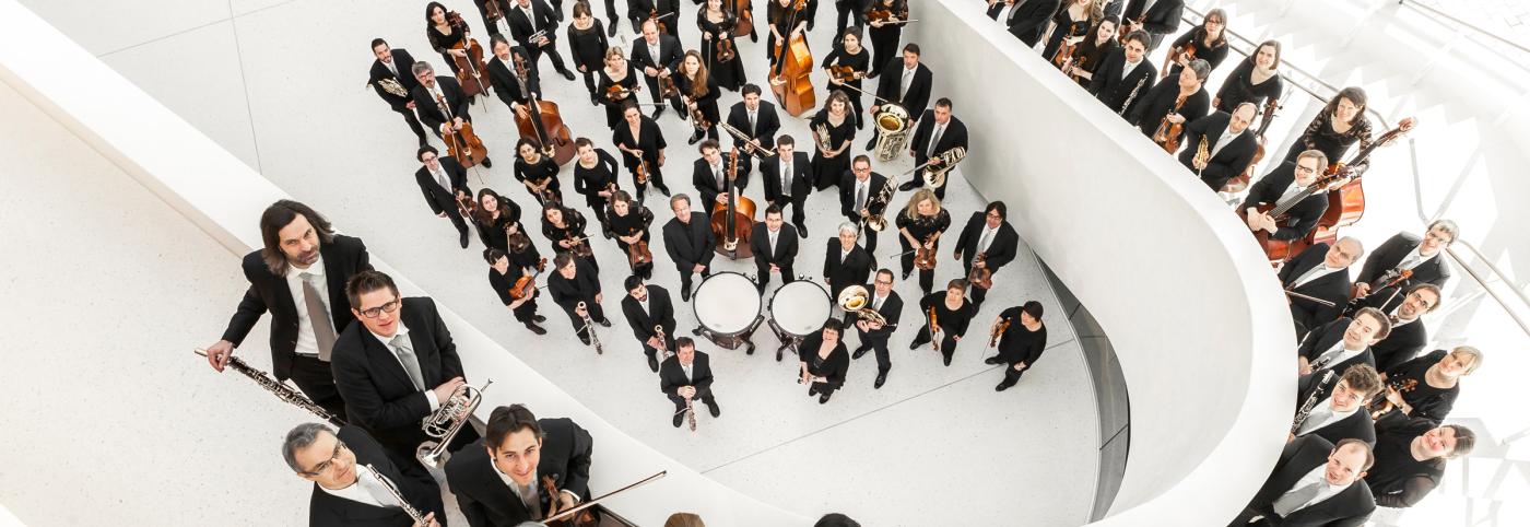 Symphonieorchester Vorarlberg - Festspielhaus - Bregenzer Festspiele - ganzes Orchester im Treppenhaus abgelichtet